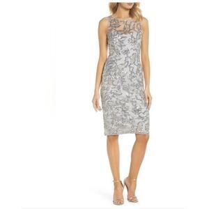 Adrianna Papell Embroidered Sequin Sheath Dress Silver Size 4